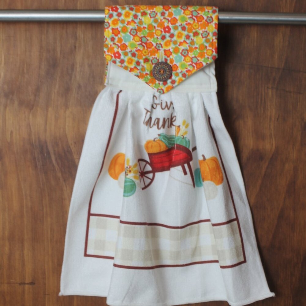 "GIVE THANKS" PUMPKIN HAND TOWEL ORANGE & IVORY AUTUMN HANDMADE HANGING KITCHEN
